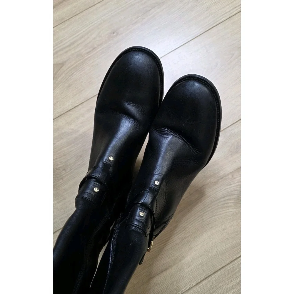 Tory Burch Brita Black Leather Tall Riding Boots Women's Size 7M Gold Hardware